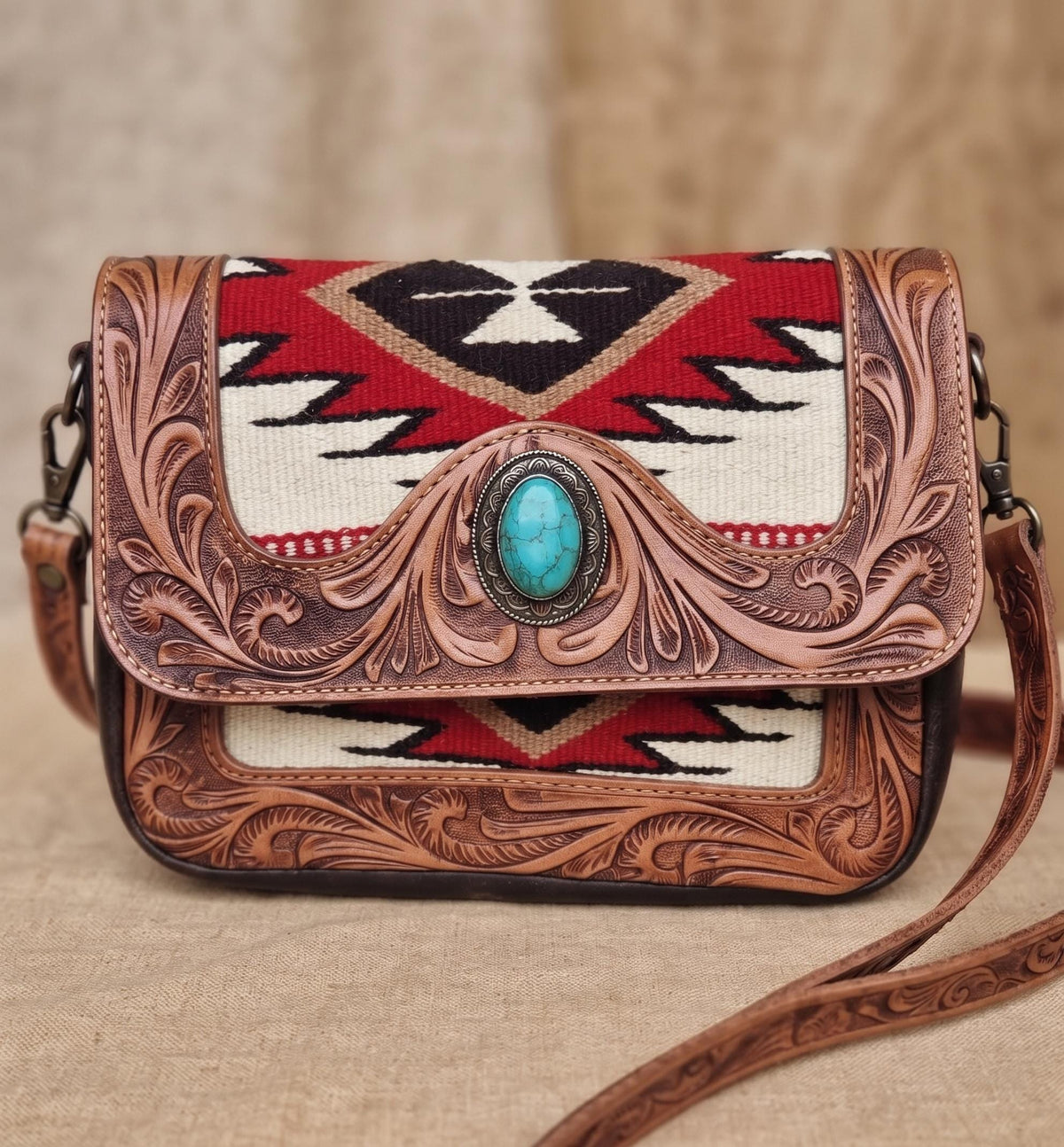Southwestern Aztec Carpet Bag, Tooled Leather Boho Tote, Cowgirl Shoulder Bag, Western Hippie Travel Bag, Handmade Festival Purse