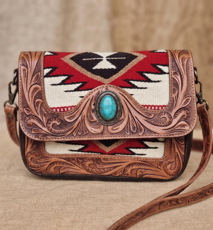 Southwestern Aztec Carpet Bag, Tooled Leather Boho Tote, Cowgirl Shoulder Bag, Western Hippie Travel Bag, Handmade Festival Purse