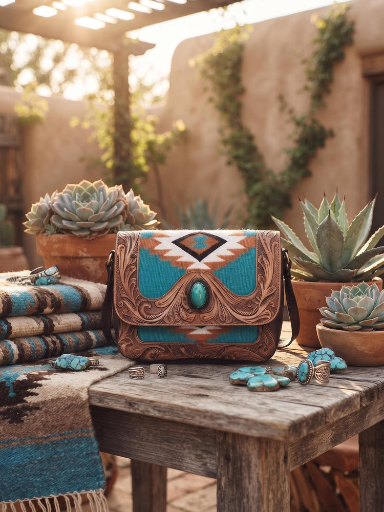 Aztec Carpet Bag, Tooled Leather Boho Tote, Turquoise Stone Shoulder Bag, Western Hippie Travel Bag, Handmade Festival Purse