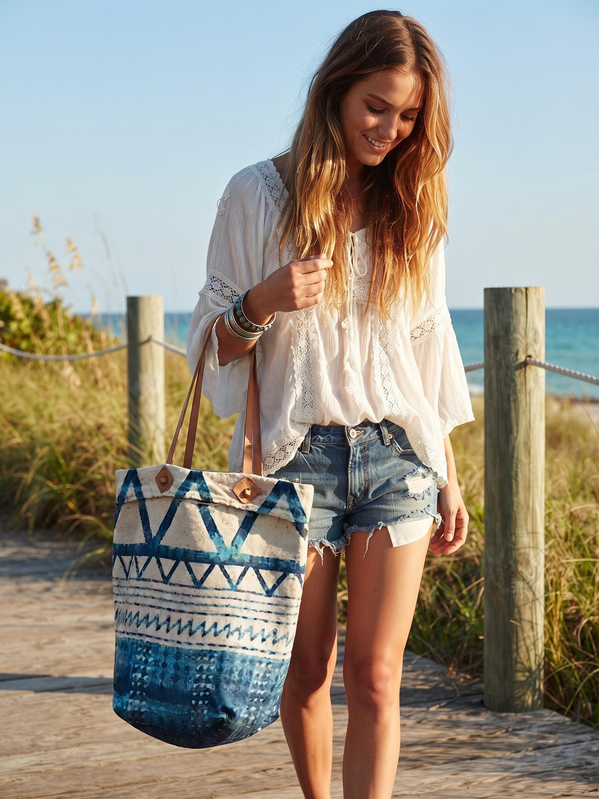 Woven Jute Leather Tote Bag: Large Boho Shoulder Bag