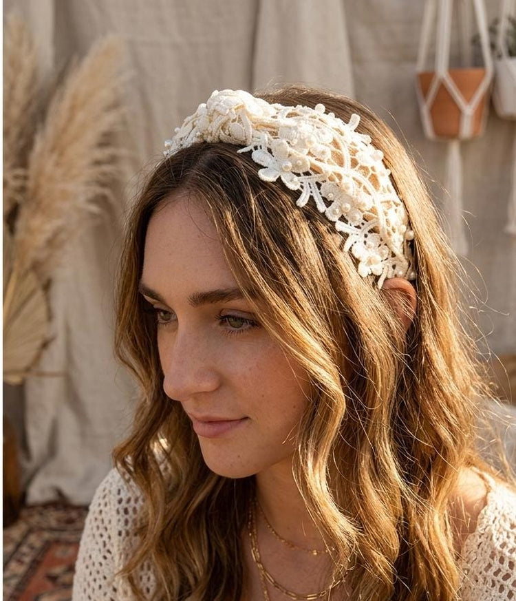 Bridal Pearl Lace Headband, Boho Wedding Hair Accessory, Off White Floral Hairband, Vintage Style Pearl Headband, Bridesmaid Gift
