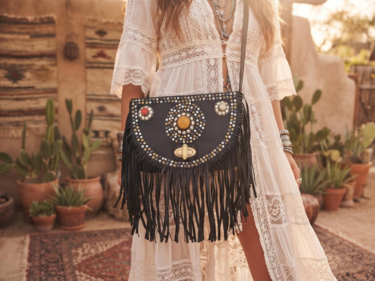 Studded Leather Fringe Crossbody Bag – Moroccan Half Moon Western Boho Purse