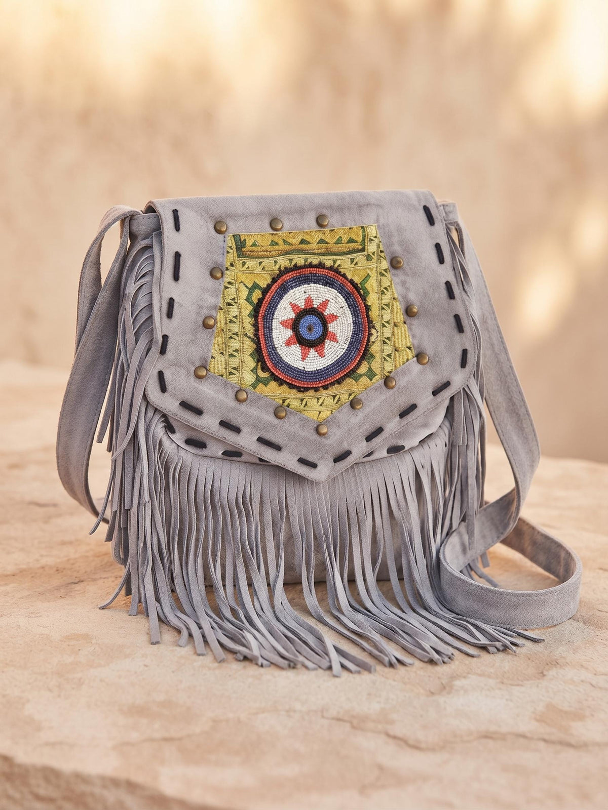Grey Leather Fringe Bag with Mandala – Beaded Boho Crossbody Purse