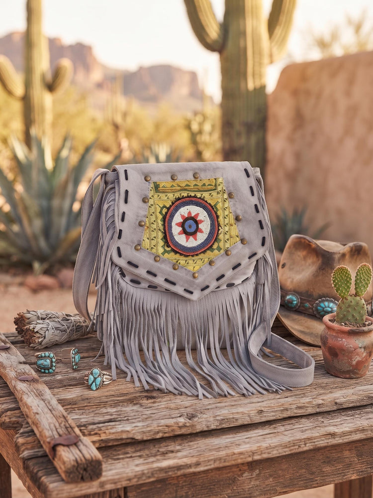 Grey Leather Fringe Bag with Mandala – Beaded Boho Crossbody Purse