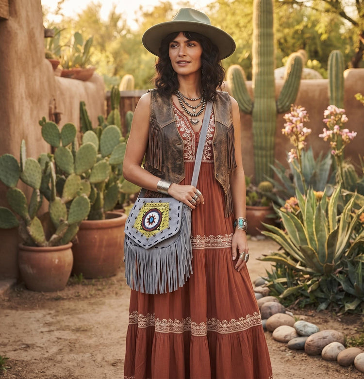 Grey Leather Fringe Bag with Mandala – Beaded Boho Crossbody Purse