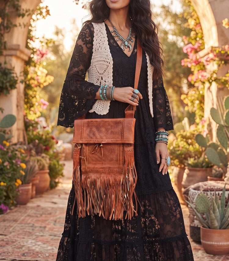Western tooled bag with fringe - women's vintage leather purse