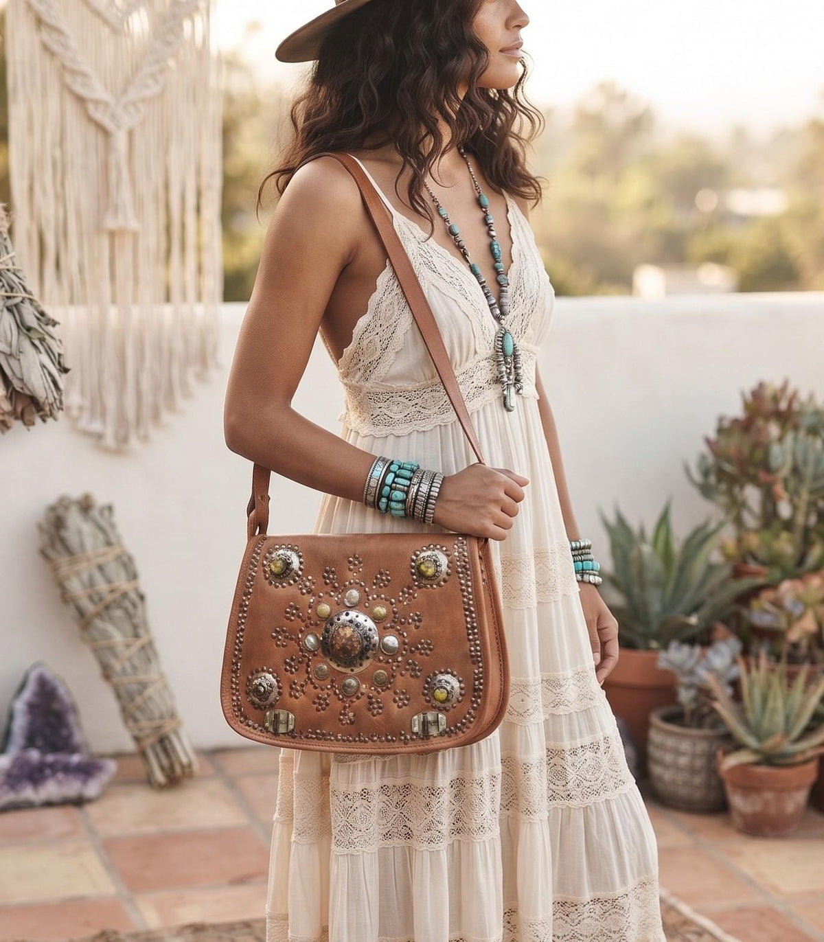 Moroccan Leather Handbag & Wallet Set – Boho Crossbody Purse and Wristlet Gift Set
