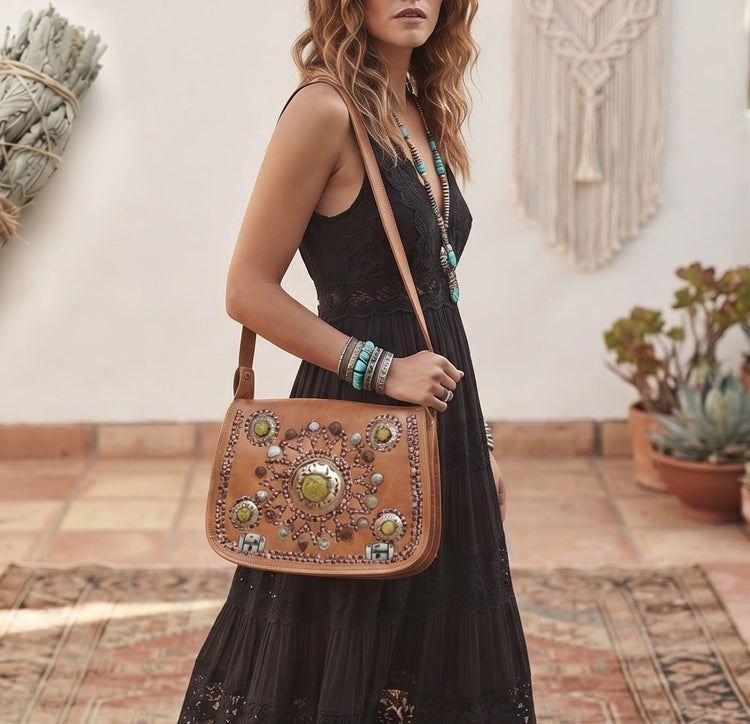 Moroccan Leather Handbag & Wallet Set – Boho Crossbody Purse and Wristlet Gift Set