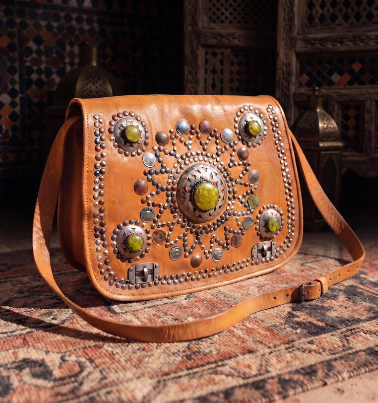 Moroccan Leather Handbag & Wallet Set – Boho Crossbody Purse and Wristlet Gift Set