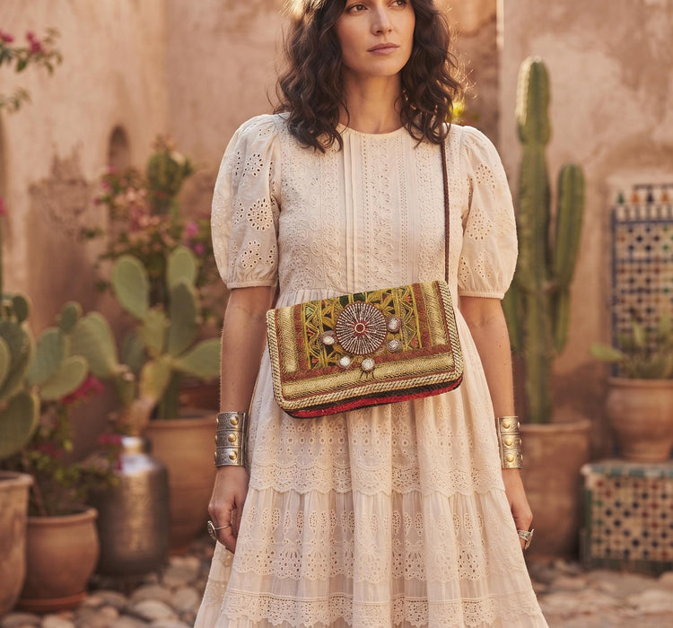 Small Leather Crossbody Bag: Boho Hippie Purse with Tapestry & Tribal Accents