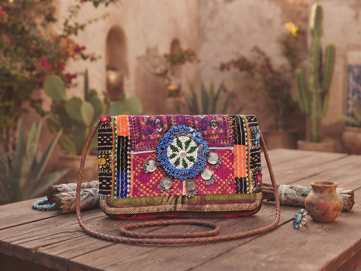 Small Leather Crossbody Bag: Boho Hippie Purse with Tapestry & Tribal Accents