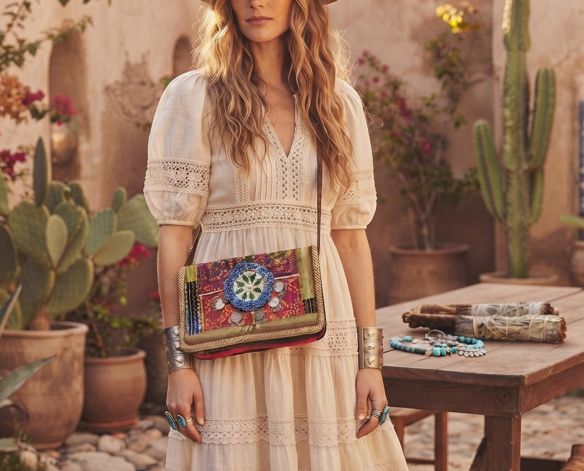 Small Leather Crossbody Bag: Boho Hippie Purse with Tapestry & Tribal Accents