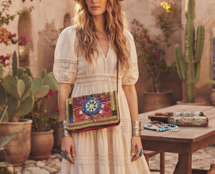 Small Leather Crossbody Bag: Boho Hippie Purse with Tapestry & Tribal Accents