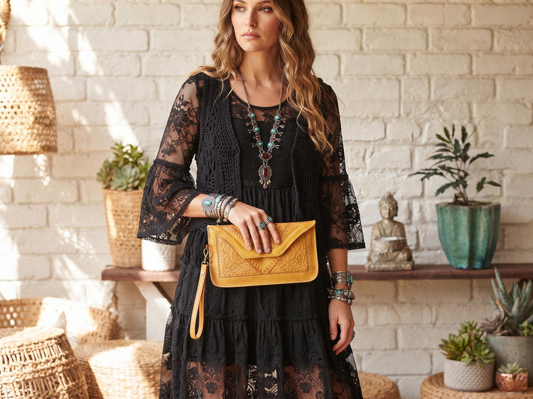 Tooled Floral Leather Wallet: Large Moroccan Clutch with Wristlet