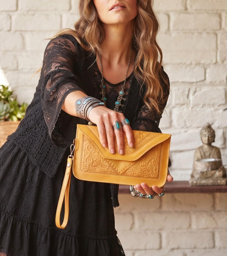 Moroccan Leather Handbag & Wallet Set – Boho Crossbody Purse and Wristlet Gift Set