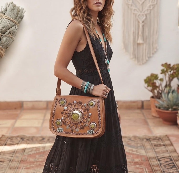 Large Moroccan Leather Shoulder Bag & Wallet Set: Boho Festival Purse