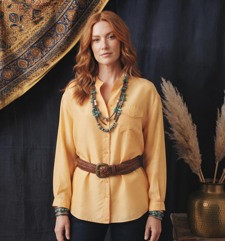 Vintage 1980s Silk Blouse, Pastel Yellow Oversized Shirt, Womens Western Top, 80s Boyfriend Shirt, Boho Festival Blouse, Retro Silk