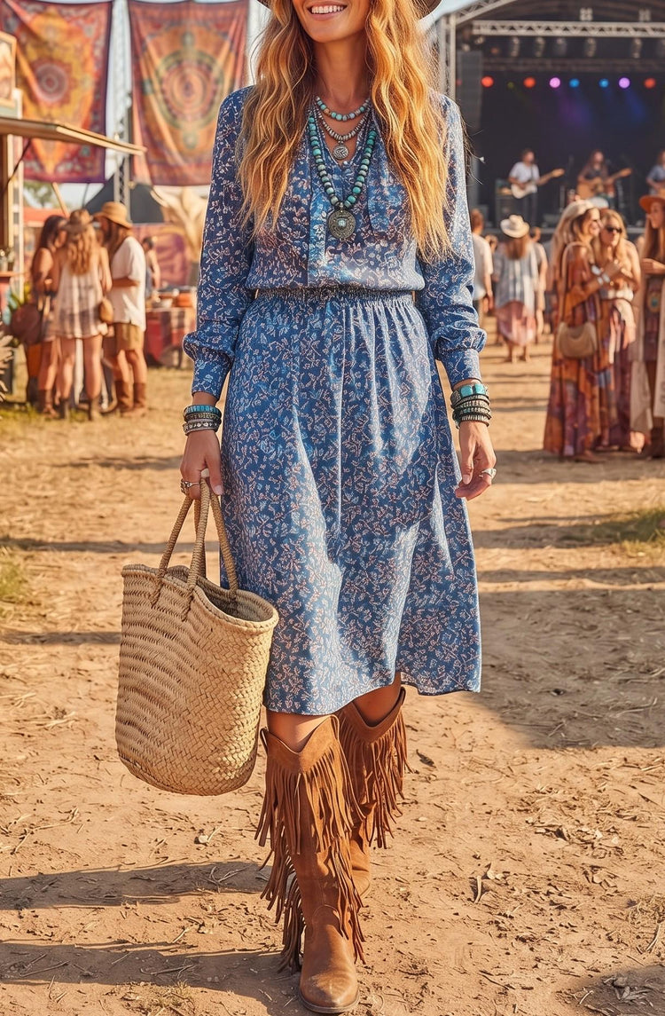 Vintage Hippie Maxi Dress S-M , Blue Floral Cottagecore Dress, Prairie Dress, Long Sleeve Boho Dress, Modest Autumn Winter Dress