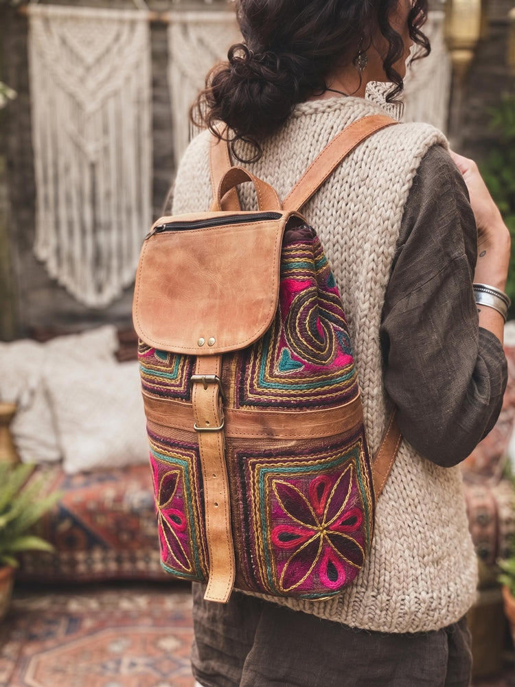 Hand Embroidered Leather Backpack: Boho Hippie Festival Bag