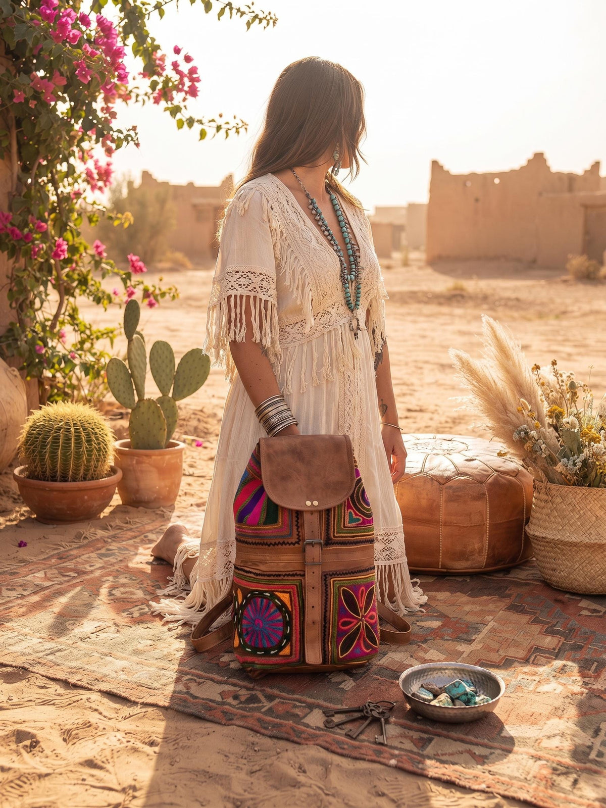 Hand Embroidered Leather Backpack: Boho Hippie Festival Bag