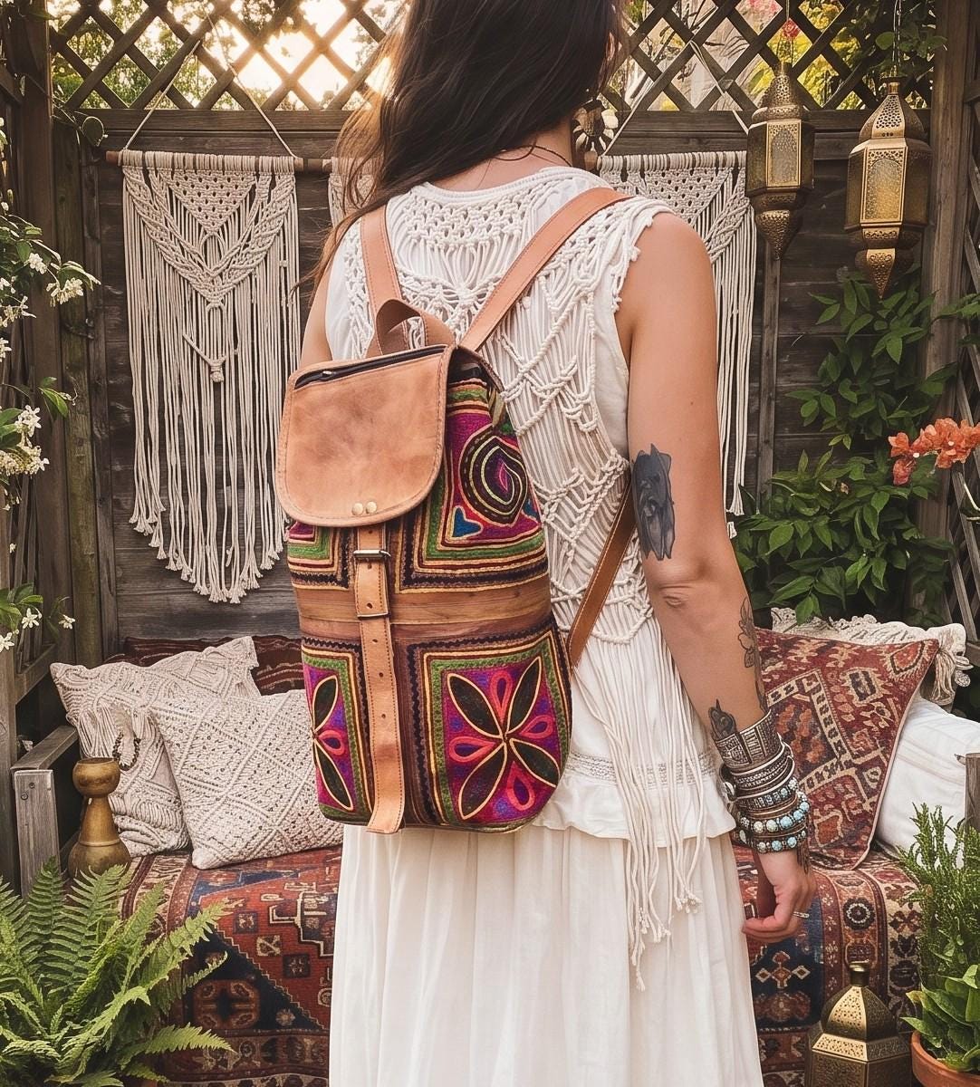 Hand Embroidered Leather Backpack: Boho Hippie Festival Bag