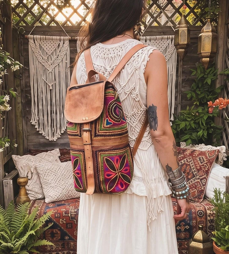 Hand Embroidered Leather Backpack: Boho Hippie Festival Bag