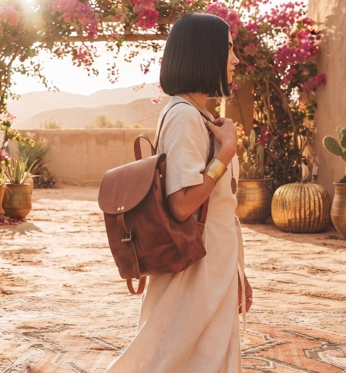 Leather Backpack, Foldable Travel Rucksack, Unisex Boho Backpack, Minimalist Leather Daypack, Lightweight City Bag, New Parent Gift