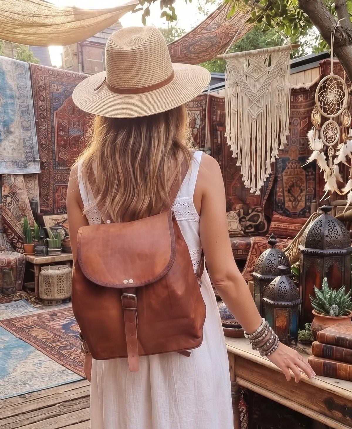 Leather Backpack, Foldable Travel Rucksack, Unisex Boho Backpack, Minimalist Leather Daypack, Lightweight City Bag, New Parent Gift