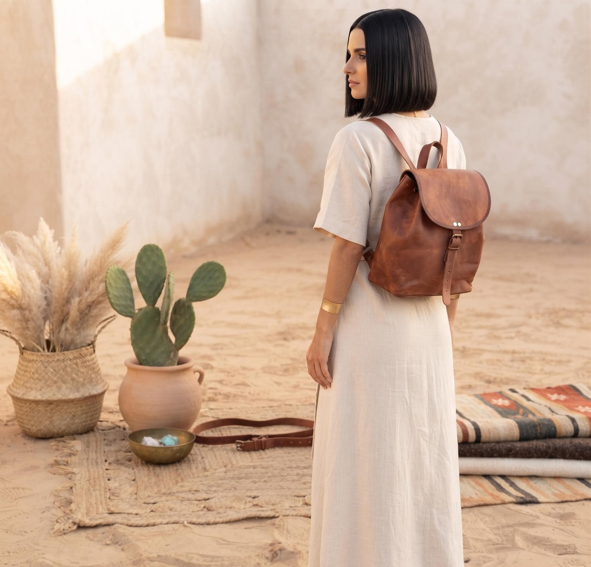 Leather Backpack, Foldable Travel Rucksack, Unisex Boho Backpack, Minimalist Leather Daypack, Lightweight City Bag, New Parent Gift