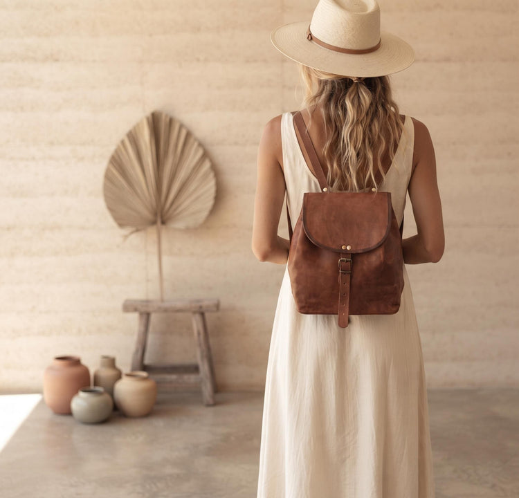 Leather Backpack, Foldable Travel Rucksack, Unisex Boho Backpack, Minimalist Leather Daypack, Lightweight City Bag, New Parent Gift