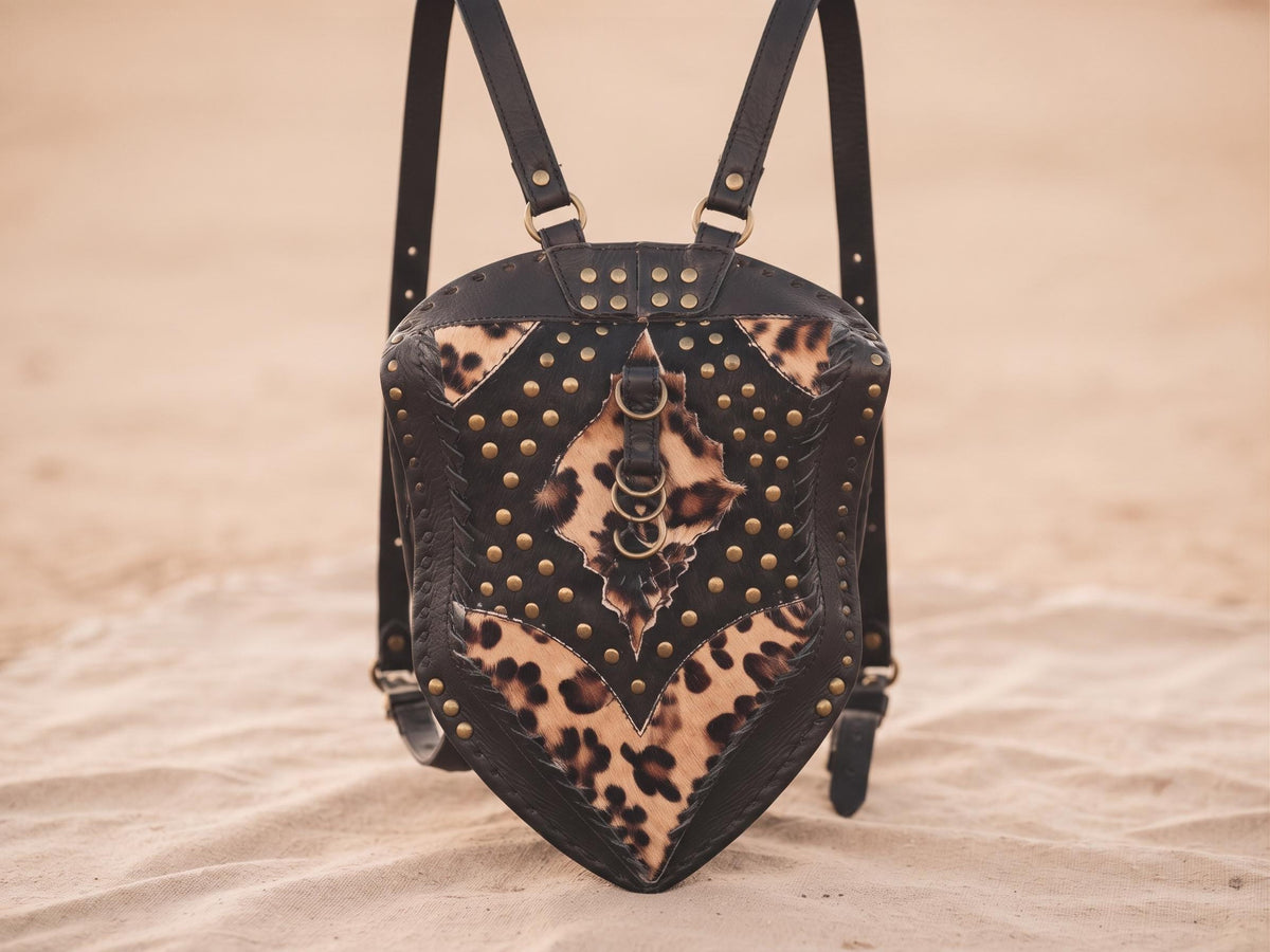 Steampunk Leather Backpack, Black Leather Rucksack, Leopard Hair Backpack, Punk Goth Backpack, 80s Vintage Style Bag, Handmade Unisex