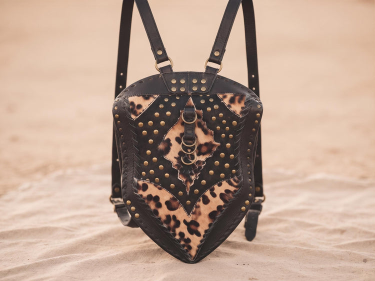 Steampunk Leather Backpack, Black Leather Rucksack, Leopard Hair Backpack, Punk Goth Backpack, 80s Vintage Style Bag, Handmade Unisex