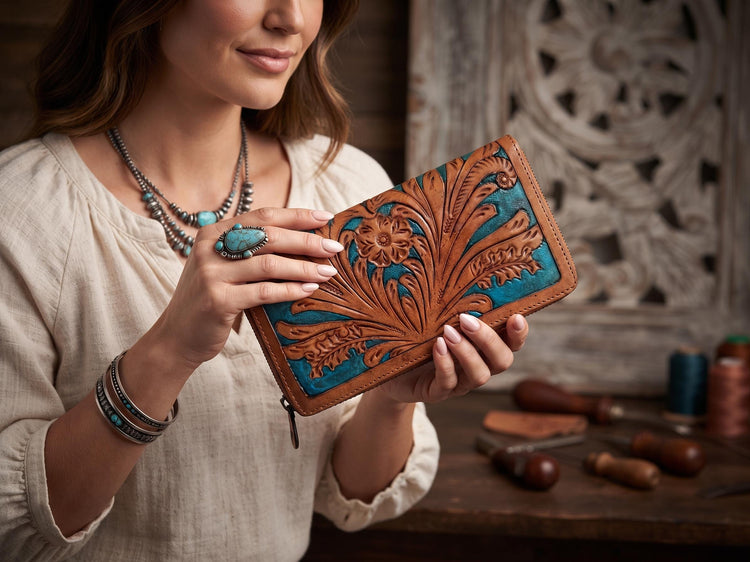Long Womens Leather Wallet with Zipper, Hand Tooled Floral Design, Vintage Western Purse, cowgirl accessories