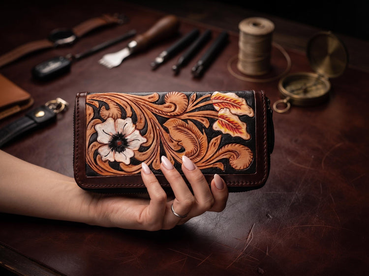 Hand Tooled Leather Wallet: Floral Carved, Antique Black, Western Style
