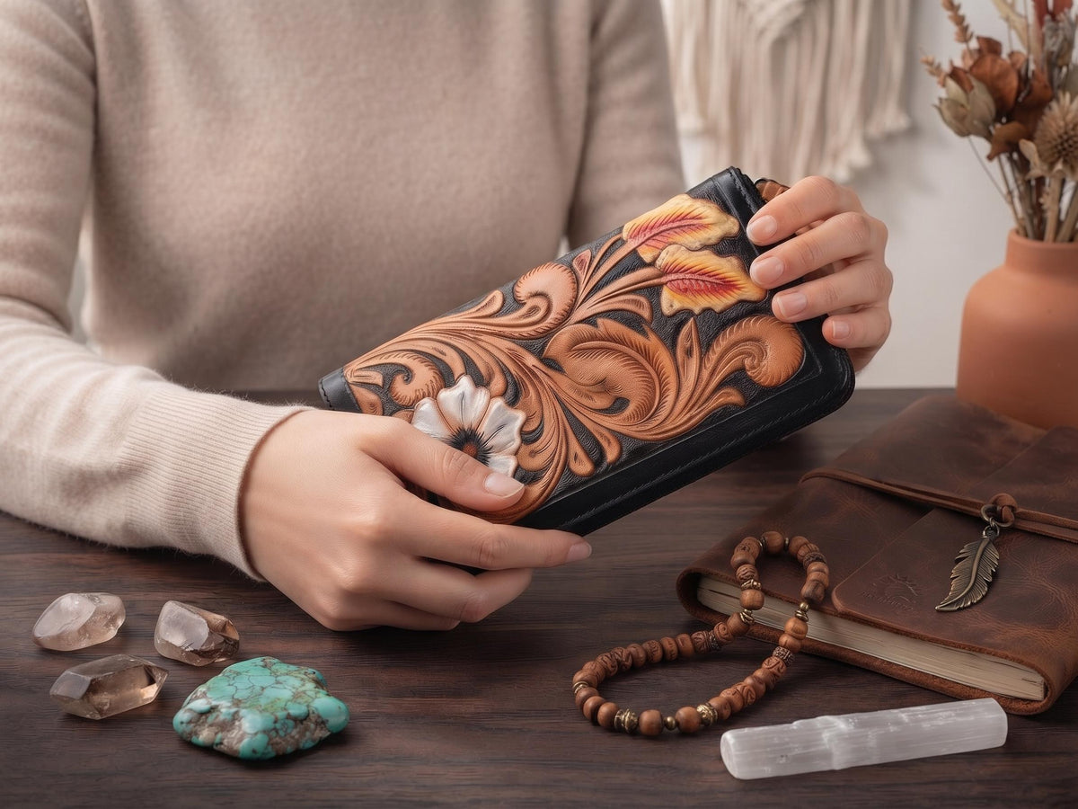 Hand Tooled Leather Wallet: Floral Carved, Antique Black, Western Style
