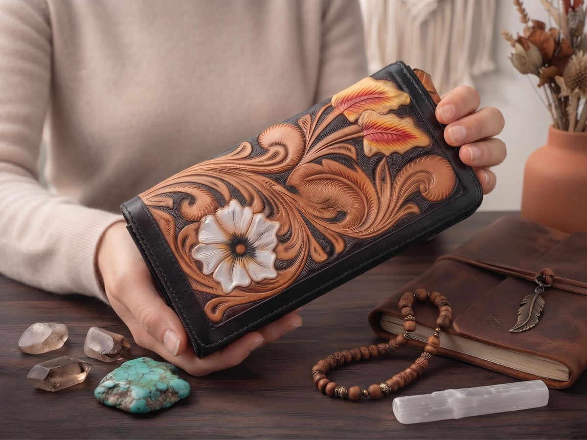 Hand Tooled Leather Wallet: Floral Carved, Antique Black, Western Style