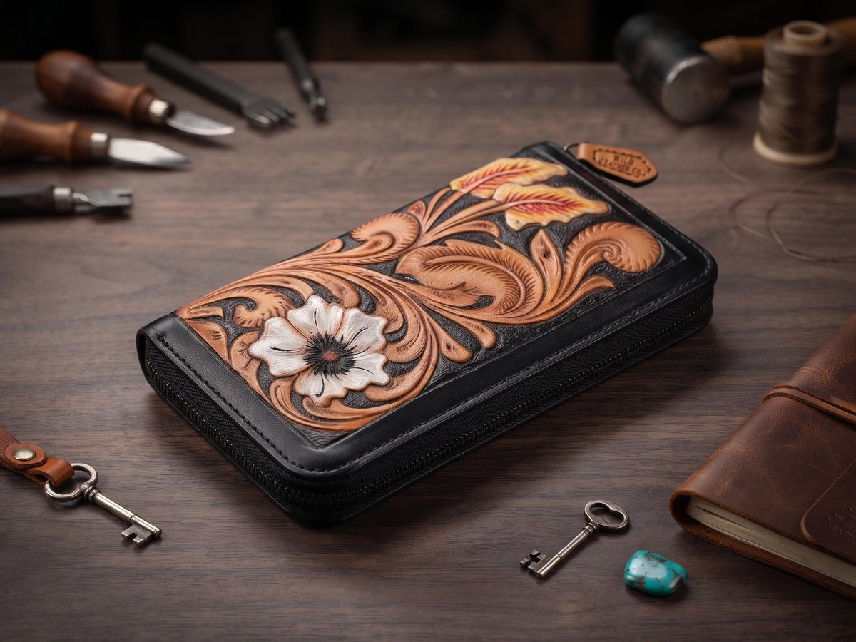 Hand Tooled Leather Wallet: Floral Carved, Antique Black, Western Style