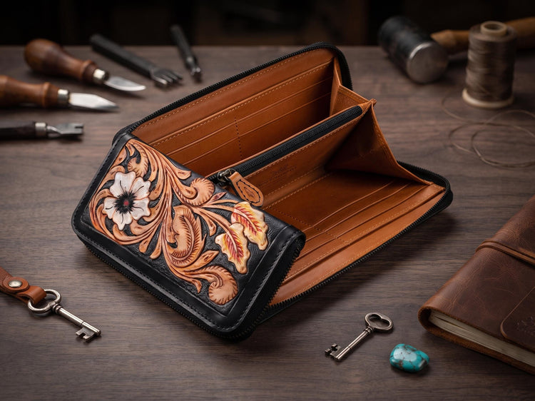 Hand Tooled Leather Wallet: Floral Carved, Antique Black, Western Style