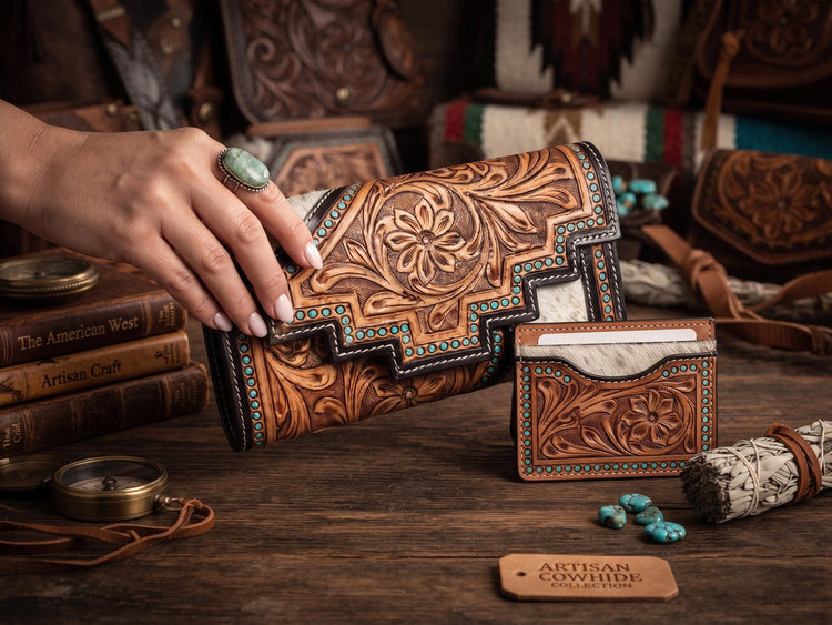 Long Cowhide Leather Wallet for Women – Hand Tooled Floral Western Purse, Real Cowhide Bifold Wallet, Cowgirl Accessories