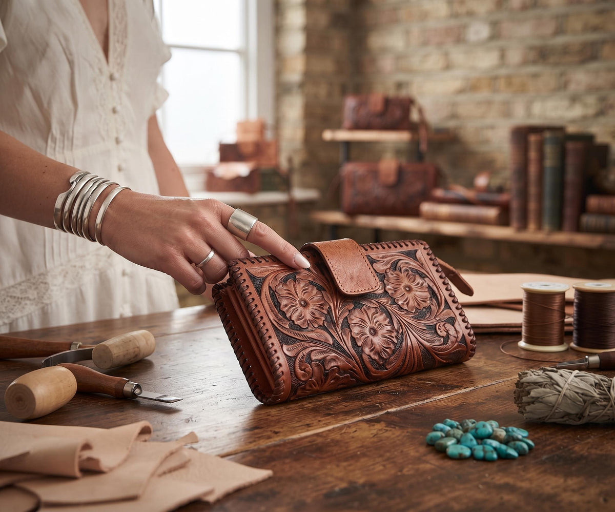 Long carved bifold leather wallet for women - handcrafted coin purse with zipper