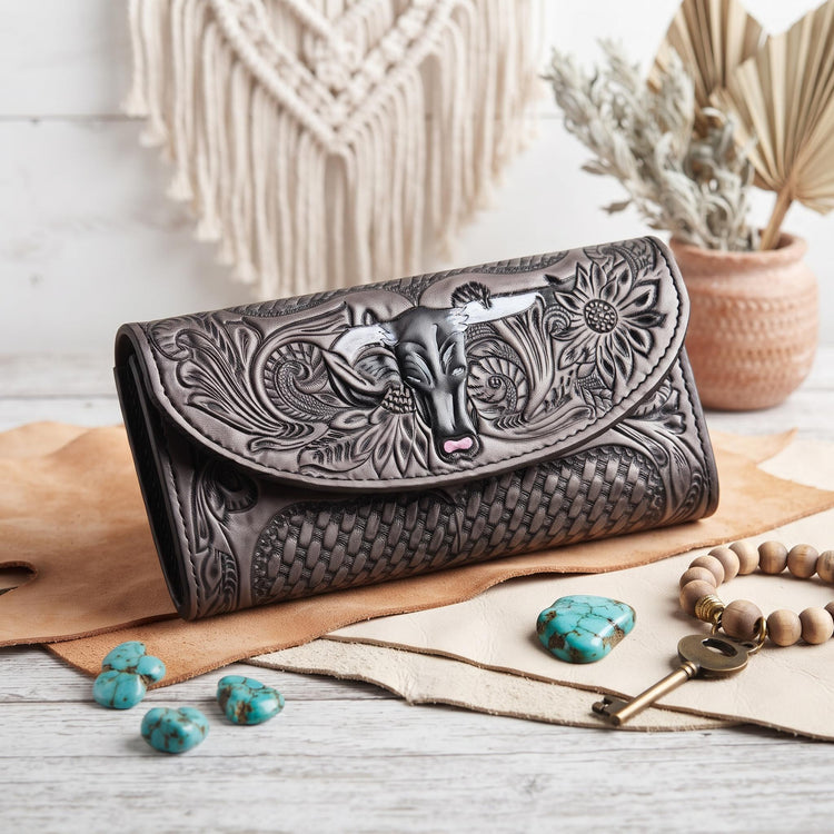 Hand Tooled Leather Western Wallet: Cowgirl Long Purse