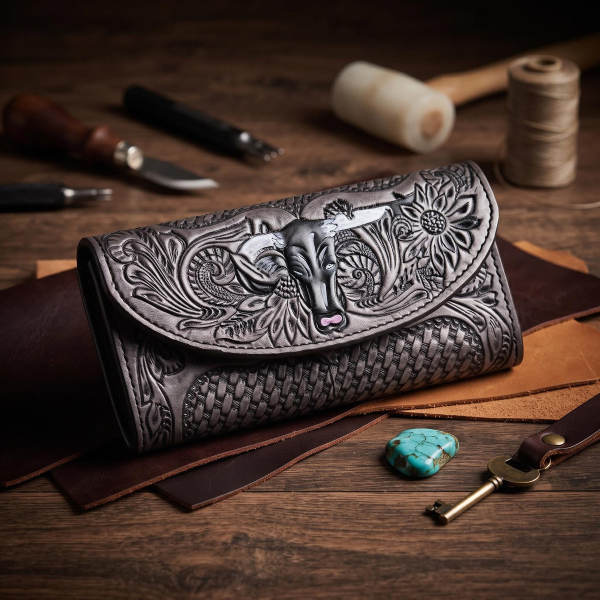 Hand Tooled Leather Western Wallet: Cowgirl Long Purse