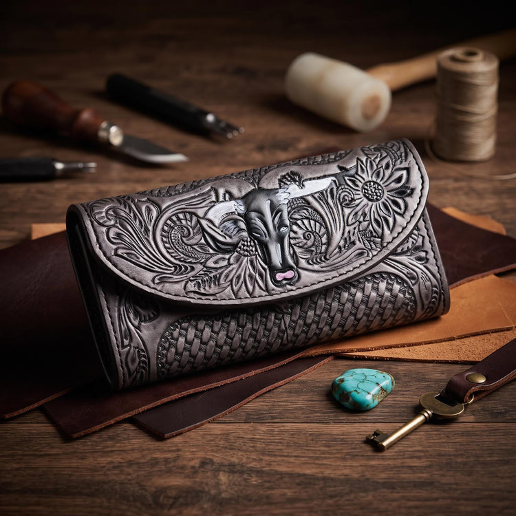 Hand Tooled Leather Western Wallet: Cowgirl Long Purse
