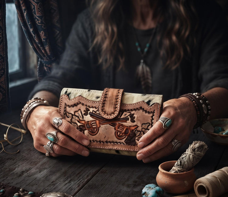 Hand Tooled Leather Wallet & Fringe Handbag Set: Western Cowhide Pistol Design
