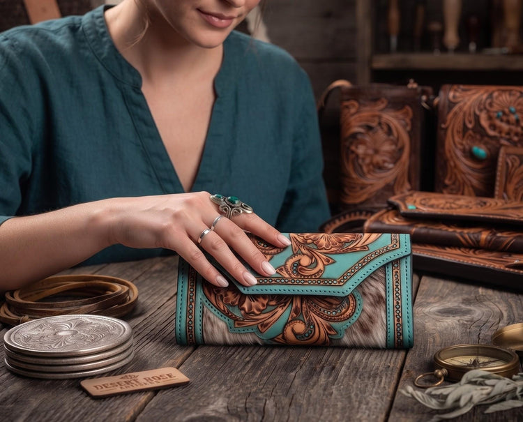 Hand Tooled Turquoise Leather Wallet: Floral Carved Cowhide Clutch