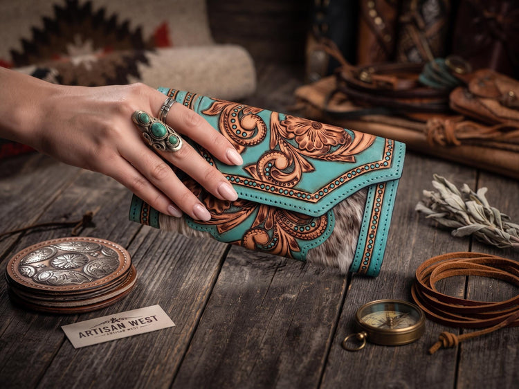 Hand Tooled Turquoise Leather Wallet: Floral Carved Cowhide Clutch