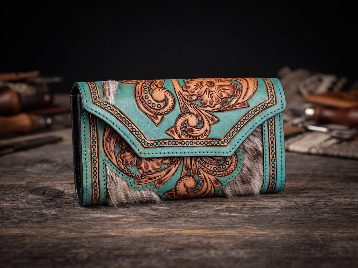 Hand Tooled Turquoise Leather Wallet: Floral Carved Cowhide Clutch