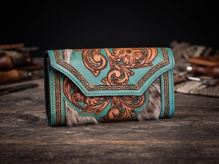 Hand Tooled Turquoise Leather Wallet: Floral Carved Cowhide Clutch