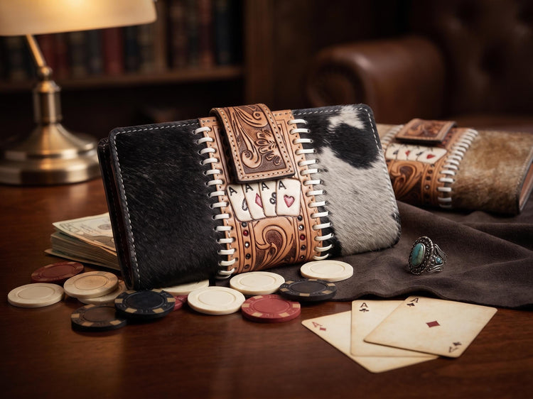 Four Aces Poker Wallet for Women – Hand Tooled Cowhide Leather Western Purse | Lucky Poker Gift, Las Vegas Cowgirl Wallet