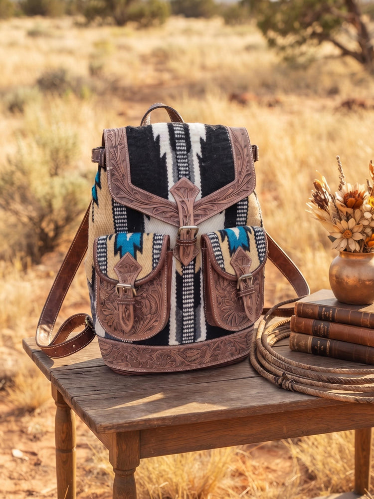 Large Tooled Leather Backpack, Aztec Blanket Western Rucksack, Boho Cowgirl Bag, Womens Festival Backpack